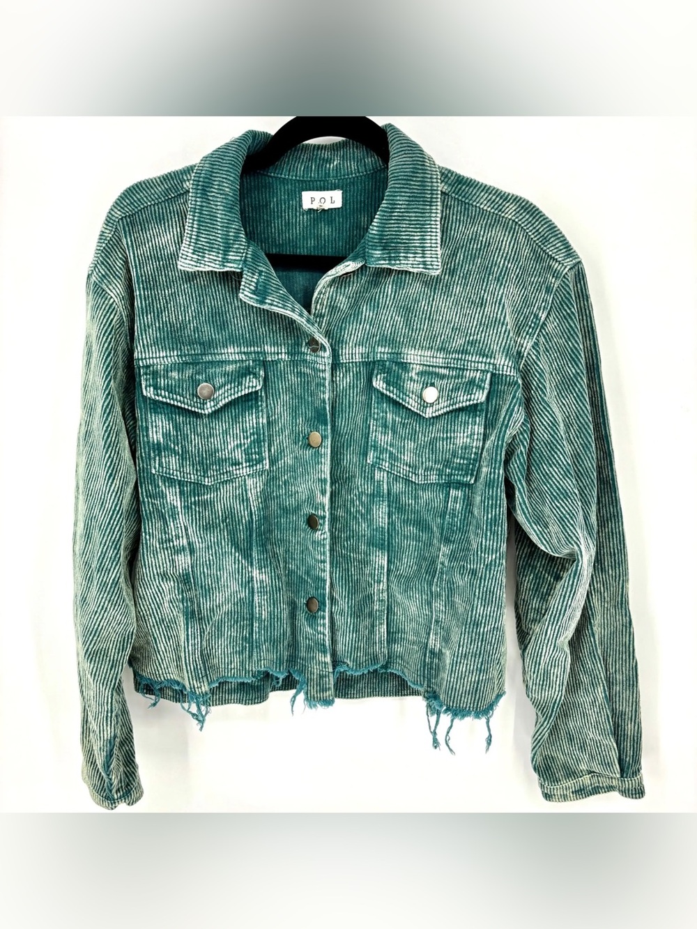 POL Corduroy Distressed Hem Teal Green Cropped Jacket